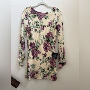 Lulu Floral Long Sleeve Mini Dress - Cream & Purple